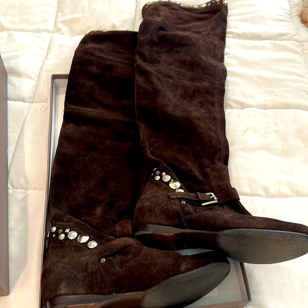 Brown suede over the knee boots with embellishments